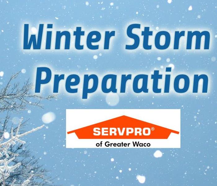 Snow falling with the blog title and SERVPRO of Greater Waco logo