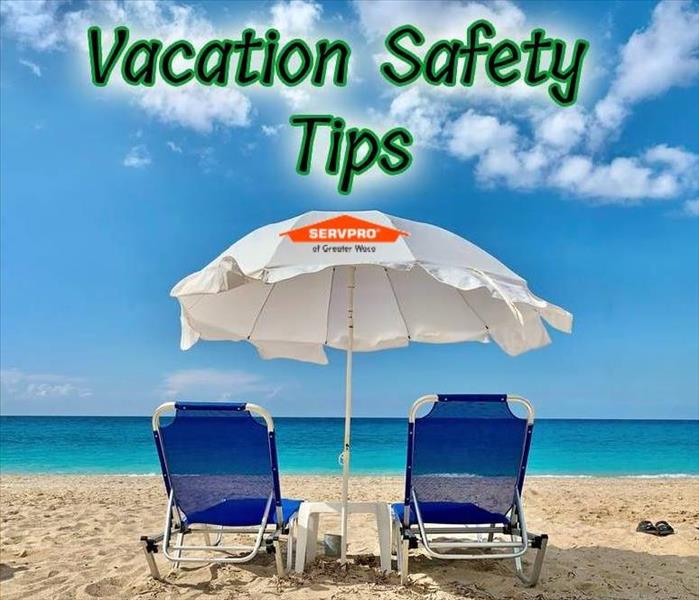 Beach chairs sitting in the sand with the text "Vacation Safety Tips" floats above