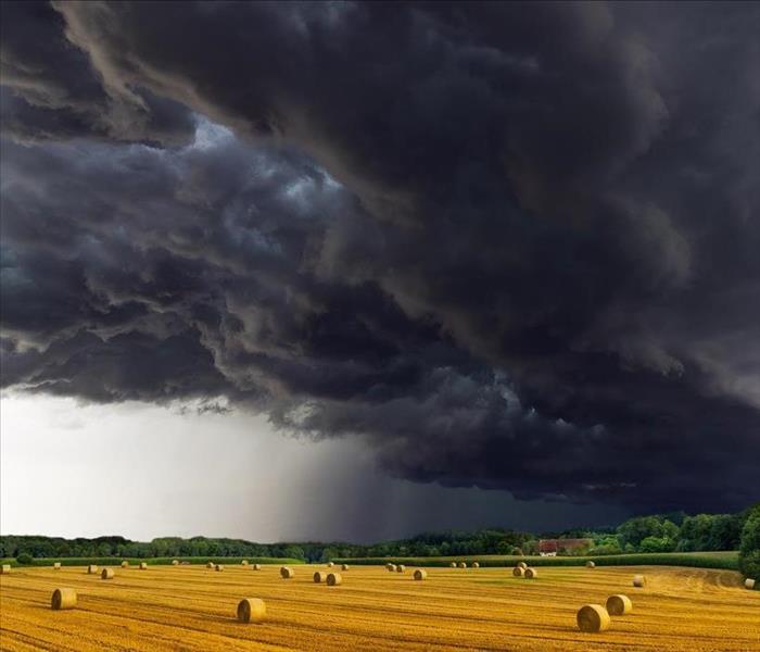 A dark stormy sky looms over a field of grass in a rural scene